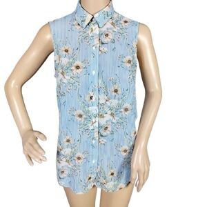H&M Womens Blouse Floral Pinstriped Button Down Sleeveless Blue White‎ Size 2